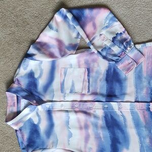 EUC The Shirt faux silk button down blouse watercolor pink and purple